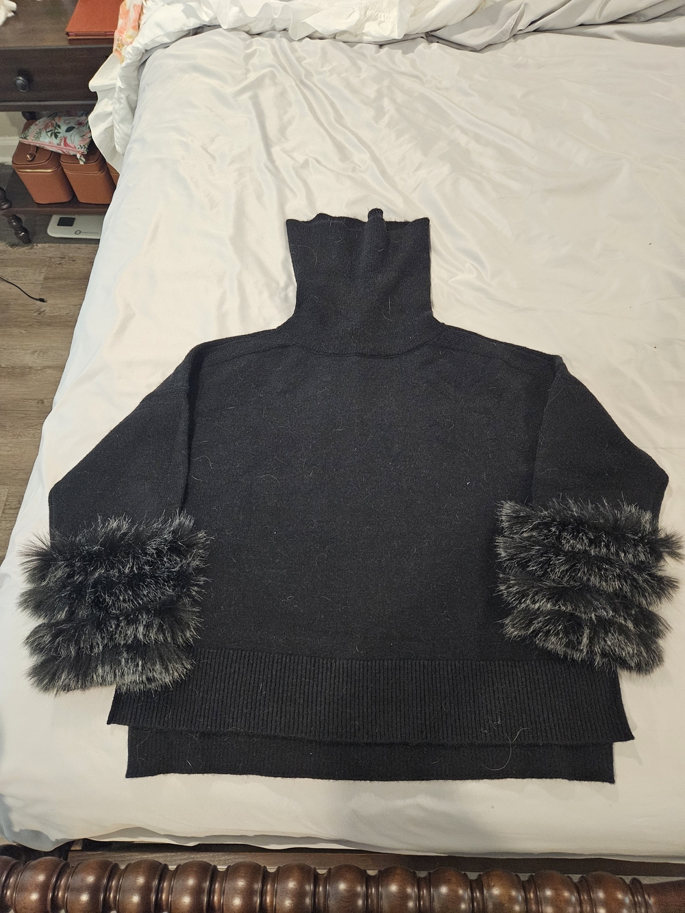 Joseph Ribkoff Black Turtleneck Sweater with Faux Fur Cuff Detail